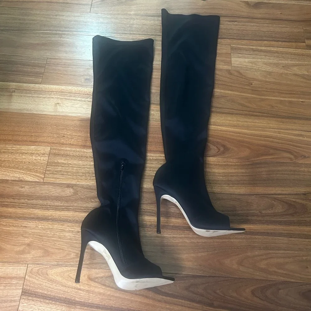 Truffle Collection Thigh High Boots Peep Toe Stiletto Heel Black‎ Size 8.5